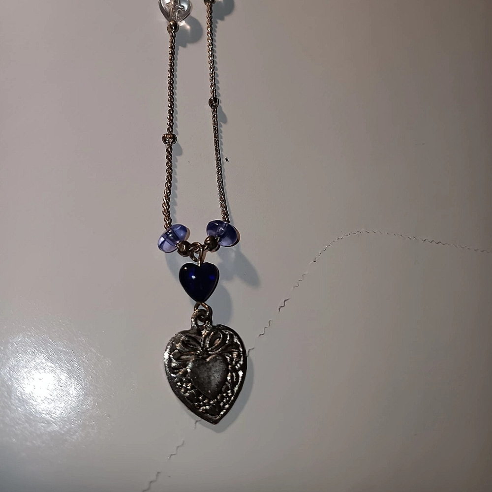 Antique heart with purple stones and beads necklace .silver twist chain
